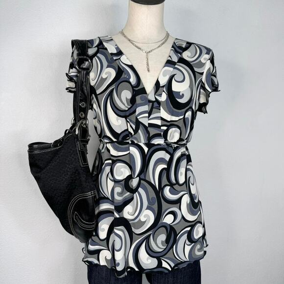 Y2K Babydoll Top Swirl Print V-Short Short Sleeves Waist Tie - Picture 1 of 8